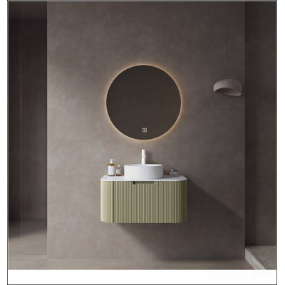 Meuble-lavabo de salle de bain 30 po avec lavabo, meuble-lavabo mural moderne à bords arrondis et courbes avec tiroir, lavabo en marbre artificiel blanc sans robinet, pré-assemblé, vert clair