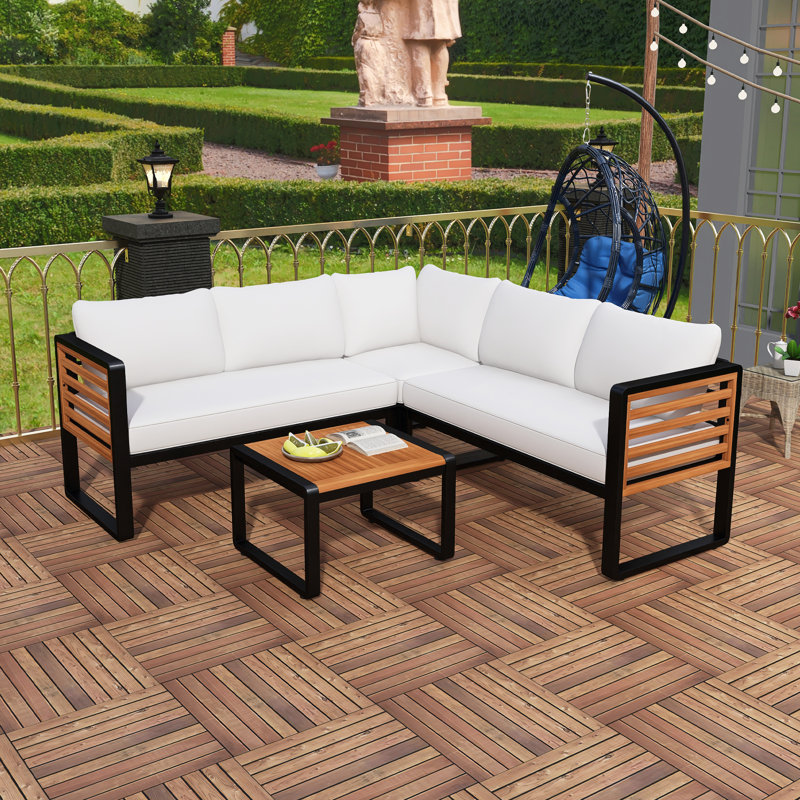 Ensemble de conversation 4 pièces pour patio, canapé modulaire en L et structure en bois avec coussin moelleux et tables basses