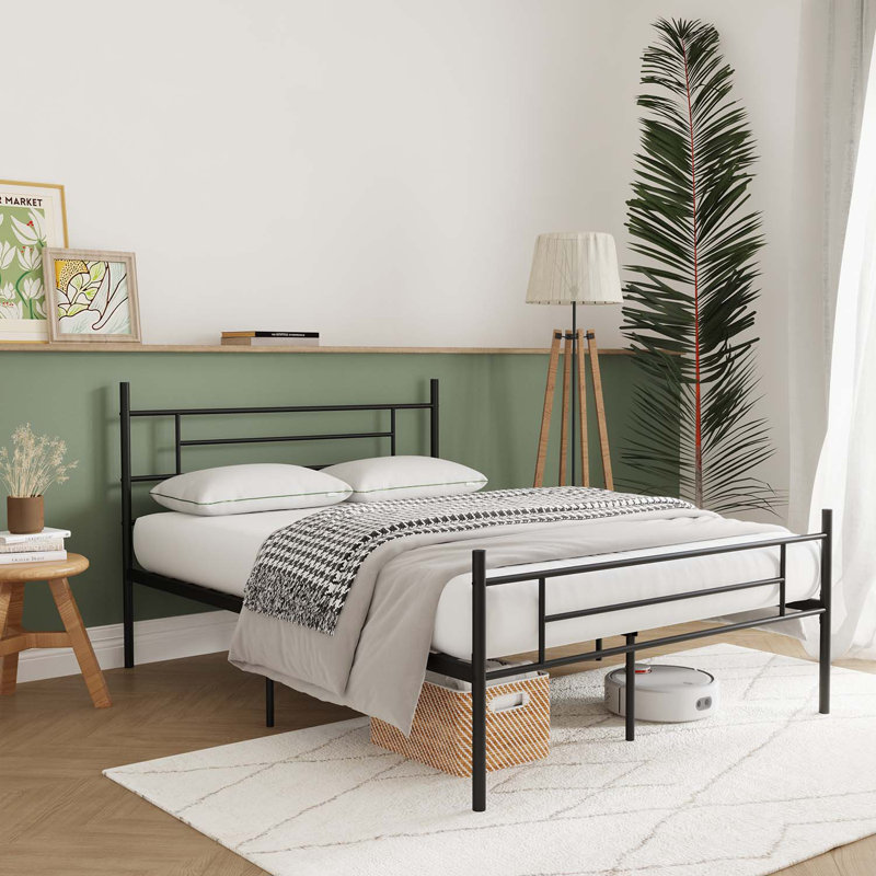 14" Metal Platform Bed with Headboard, Black, Full