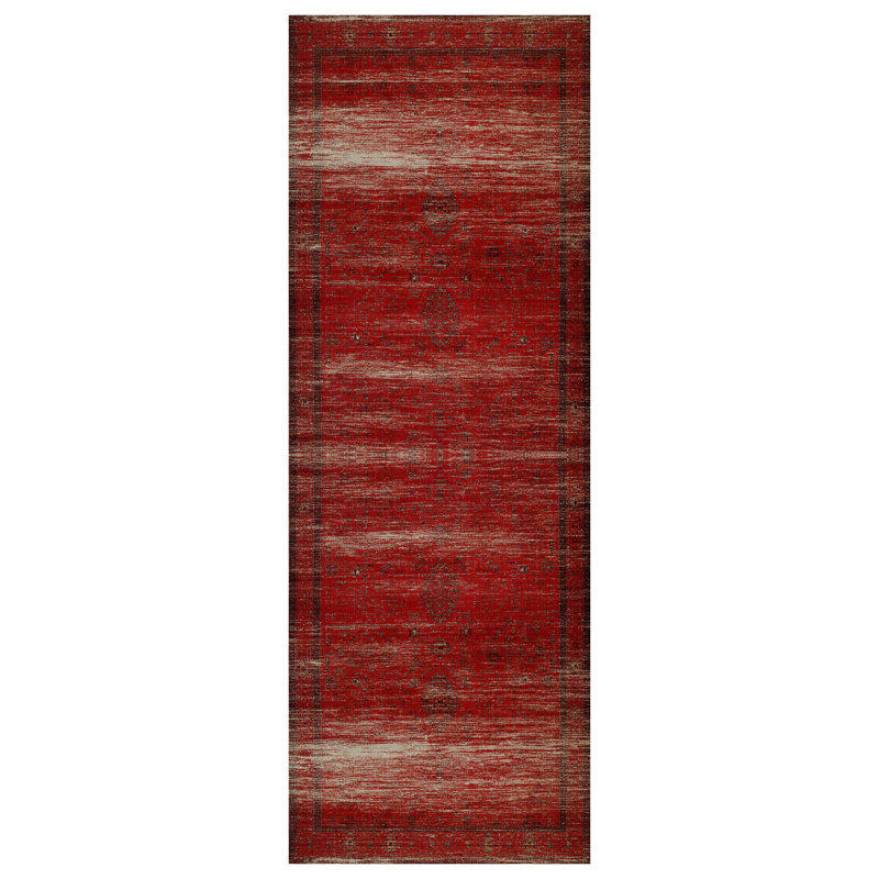 Guria Red/Beige Oriental Vintage Look Machine Printed Cotton Chenille Area Rug, Rectangle 6'7" x 11'6"