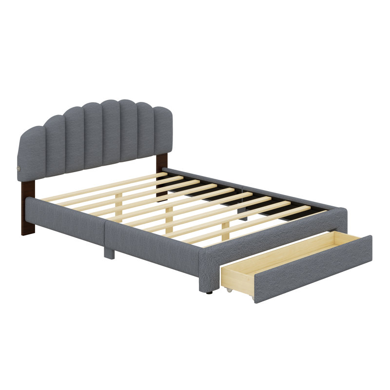 Cadre de lit en bois élégamment rembourré avec lumières DEL, ports USB et tiroir intégré, Gris