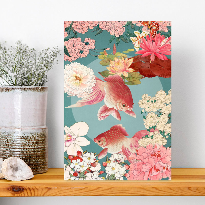 «Graceful Goldfish Pond Delicate Peaceful Serene Goldfish Butterfly Cherry Nature Flower», art mural, H 18 po x l 12 po