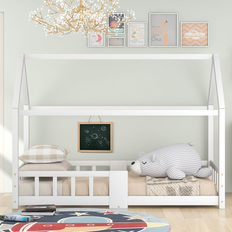 Gilbertown Children's Wooden House Bed 90 x 200 cm, incl. Blackboard, Slatted Frame, Fall-Out Protection (without mattress)