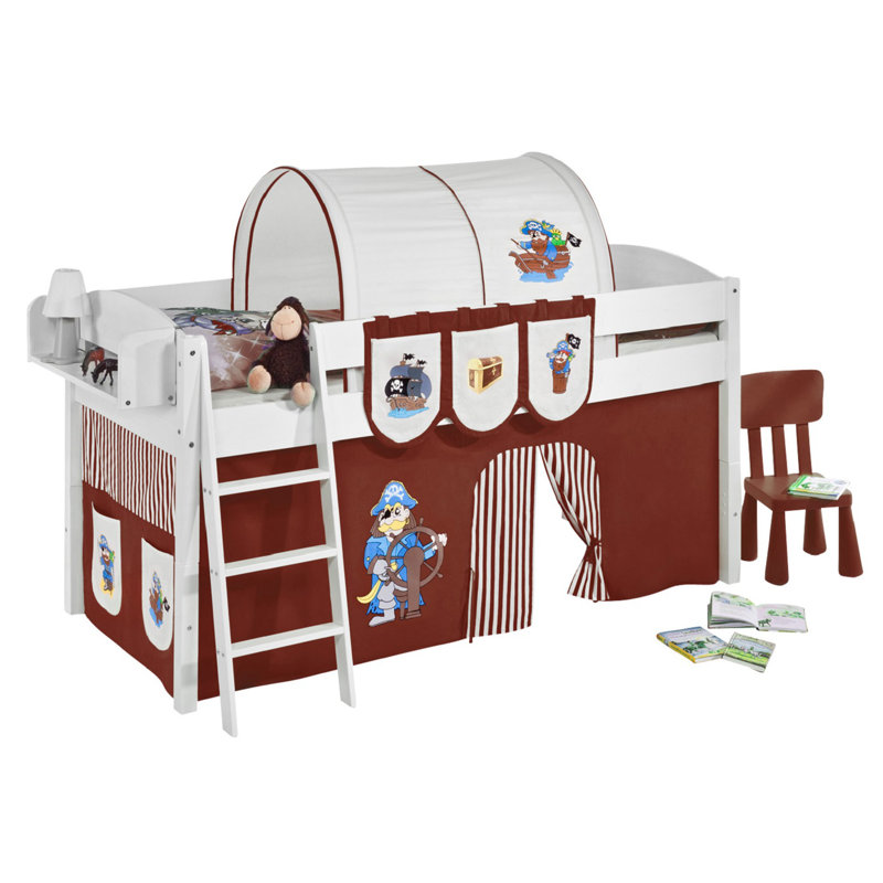 Pirat European Single Mid Sleeper Bed with Curtain, Brown and beige