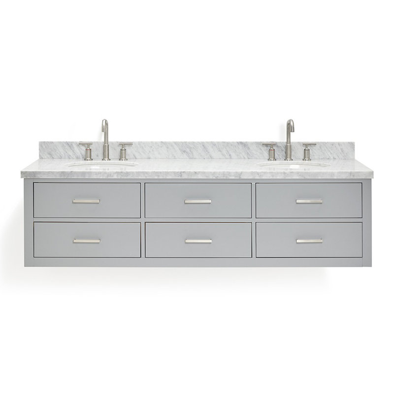 73'' W Double Vanity, Brushed Nickel, Gray, Pure White Quartz