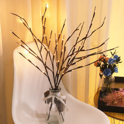 Paquet de 3 branches éclairées 60 lumières à brindilles à DEL avec plantes artificielles, branches de saules artificielles, fées pour vases, fêtes, décoration intérieure, à piles