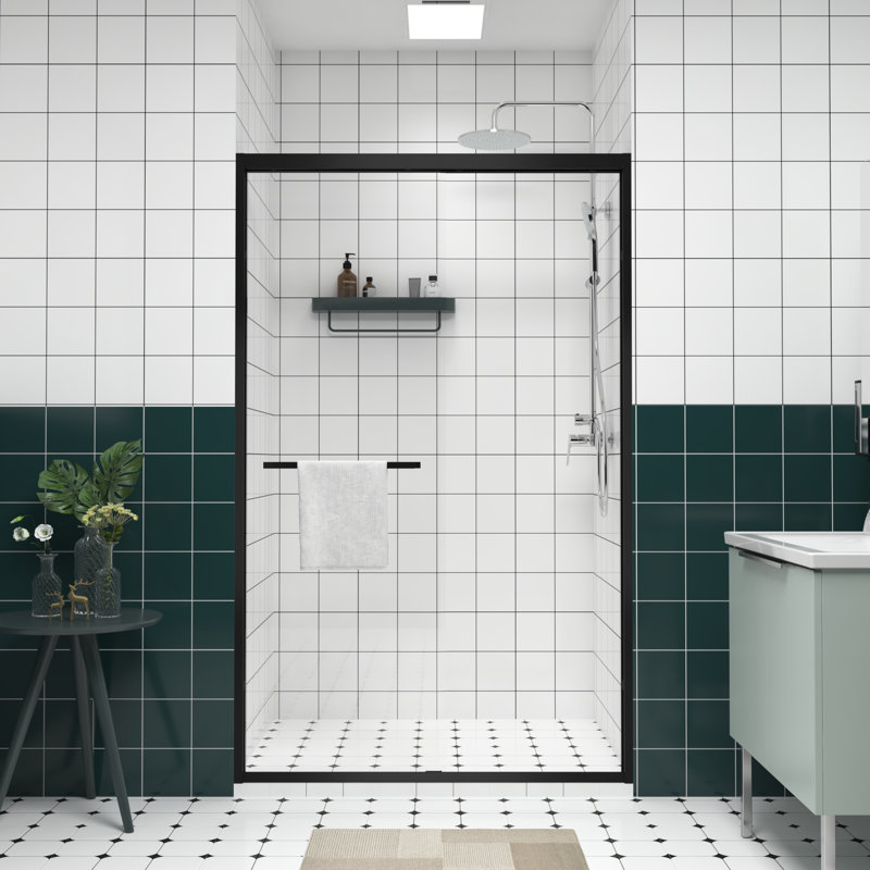 Double porte de douche coulissante avec rebord en verre chanfreiné, poignée en acier inoxydable, étanchéité à l'eau