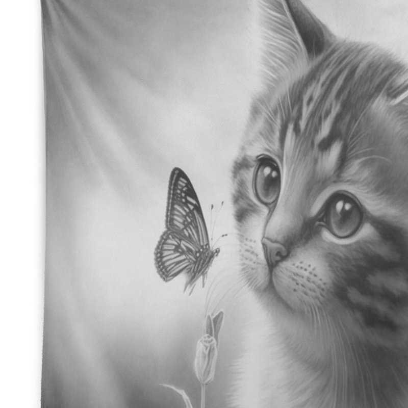 Dessin numérique en polyester d'un petit chaton avec une tapisserie papillon I, H 32 po x l 39 po