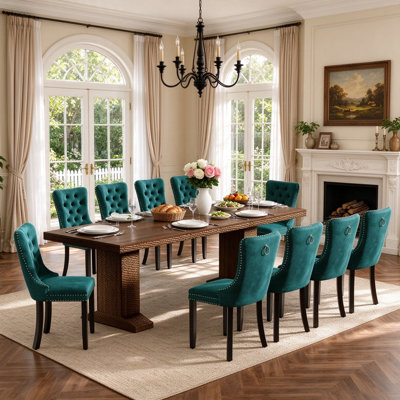 11-Piece Extendable Dining Table Set for 10, 63"-94.5" Walnut Wood Dining Table with 10 Velvet Tufted Chairs,Double Pedestal Base,Mid-Century,Seats 6-10