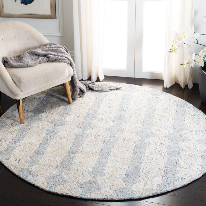 Samaniego Hand Tufted Viscose/Wool Geometric Rug in Ivory/Blue, Square 6'