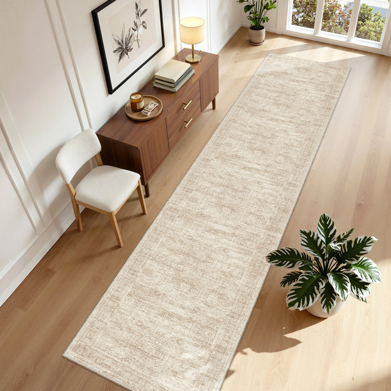 Washable Distressed Persian Rug, Runner 2' x 10', Beige