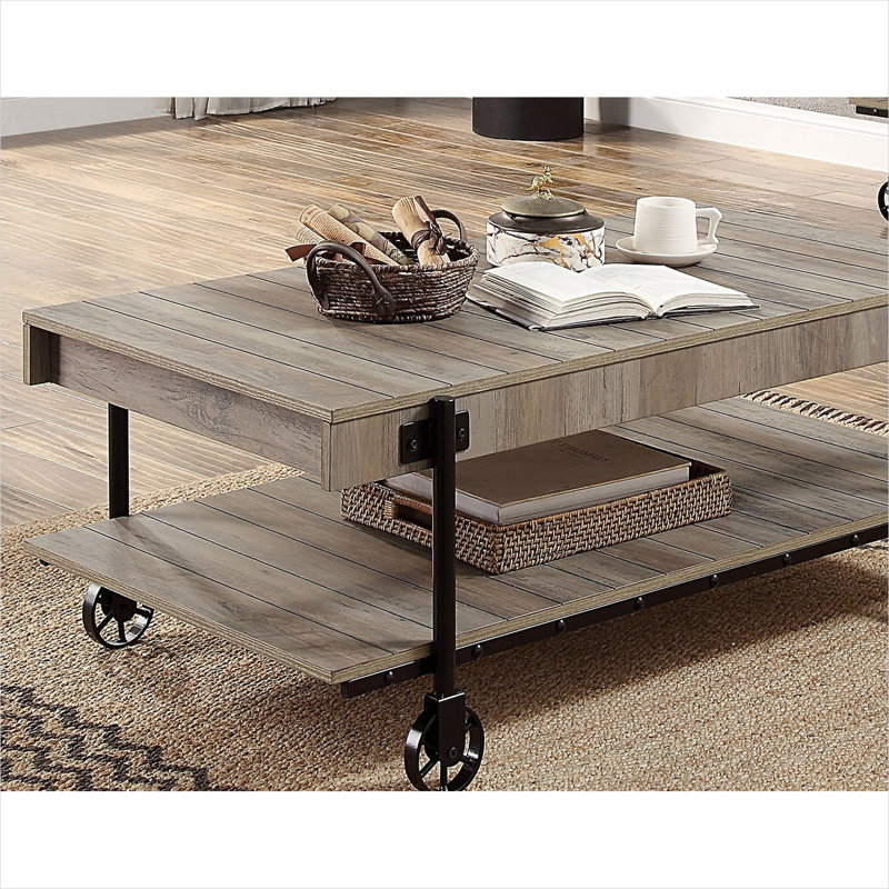 Table basse avec tablette de rangement ouverte, acier noir et bois naturel répliqué, 47,25 po, style industriel