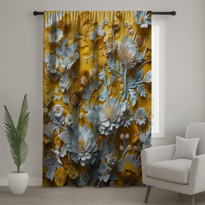 Yellow Blue Flowers Window Curtains, Floral Sheer & Blockout Curtains - 1 Panel