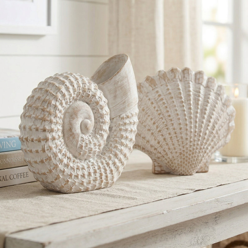 Trish Coastal Shell Polyresin Figurine Set of 2 – Decorative Sculptures for Home Decor, Living Room Tabletop & Shelf Accents - 7",  Distressed White & Beige