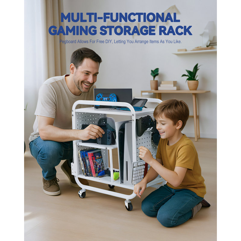 3-Shelf Metal Gaming Station Organizer Rack in White, White