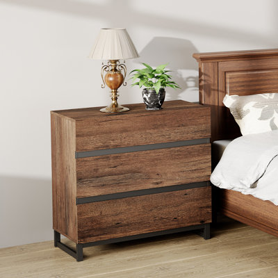 Nightstand With 3 Drawers For Bedroom, Modern Bedside Table With Black Square Iron Leg, Wood Rustic Side Table For Living Room,light Oak by Latitude Run