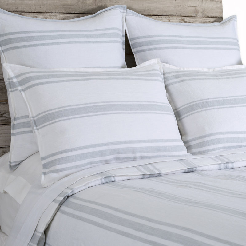 Jackson Striped Linen Duvet Cover, White/Ocean, King Duvet Cover
