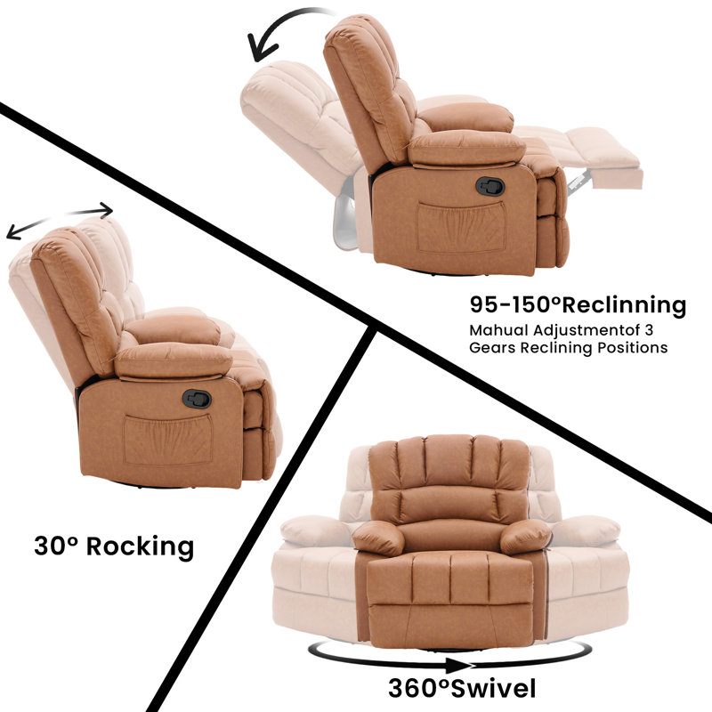 Breasha 39.7" Wide Transitional Leather Swivel Rocker Manual Recliner, Brown Faux Leather