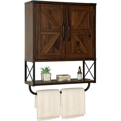 Farmhouse Medicine Cabinet With 2 Barn Door,Wood Wall Mounted Storage Cabinet With Adjustable Shelf And Towel Bar, 3-Tier Bathroom Cabinet For Bathroom, Living Room(Dark Walnut, Medium)