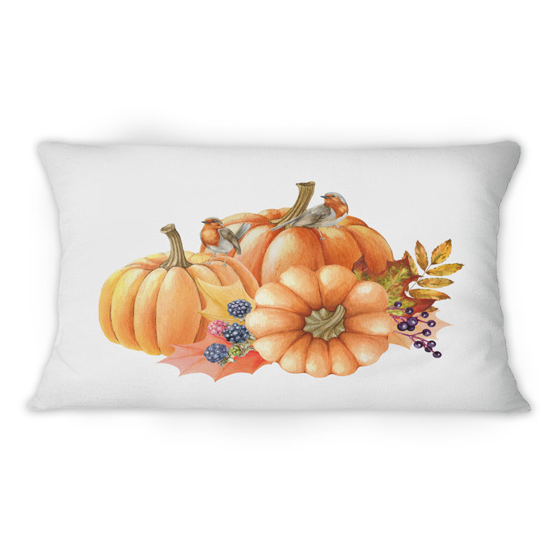 Coussin décoratif imprimé citrouille et oiseaux sur fond blanc - 1