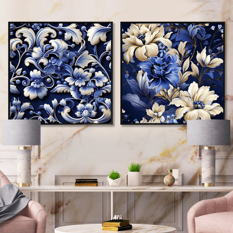 Cobalt bleu néo-gothique motif victorien II - ensemble de 2 collages floraux carrés, Cadre flottant noir, H 16 po x l 33 po