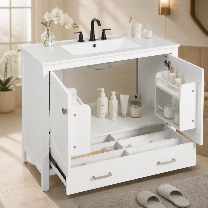 Meuble-lavabo de 30 po avec lavabo simple, lavabo sous le comptoir, armoire de rangement pour la salle de bain avec 2 portes et un tiroir, fermeture en douceur, rangement multifonctionnel