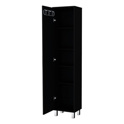 Bathroom Storage Cabinet Black - 1 Door, 3 Broom Hangers Included Hangers, Organized Clutter