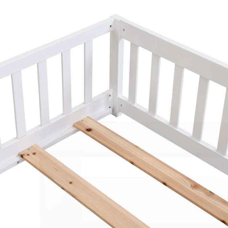 Structure de lit plateforme en bois massif avec clôture, Blanc, Double