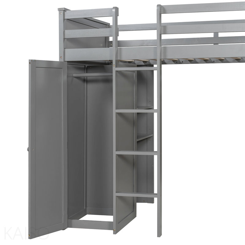 Lit mezzanine simple avec lit autonome, tablettes, bureau et garde-robe gris, Twin, Grey