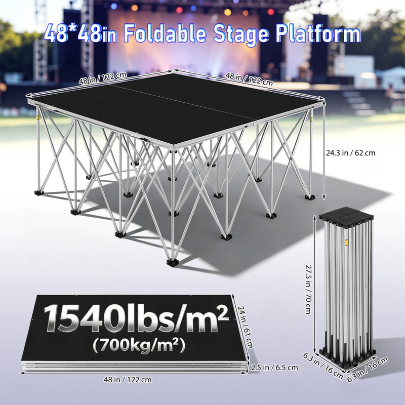 Plateforme de scène pliante portative 4 pi x 4 pi, unité modulaire de 24 pouces de hauteur, élévateur à 16 tiges, conception pliante