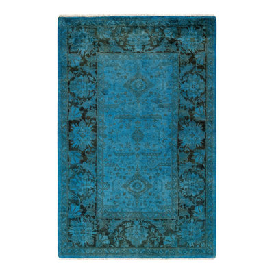 Tapis bleu noué à la main Mazarine, unique en son genre - bleu