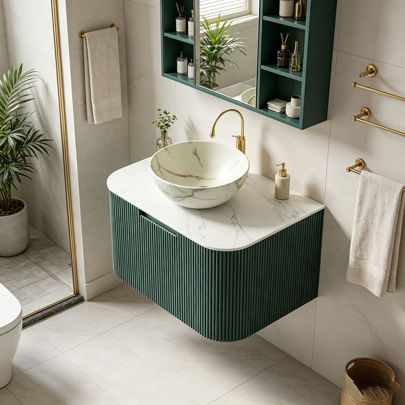 Meuble-lavabo 24 po, armoire de salle de bain en contreplaqué rayé à bords arrondis avec tiroir, vasque en céramique blanc mat et plateau en pierre frittée, pré-assemblé