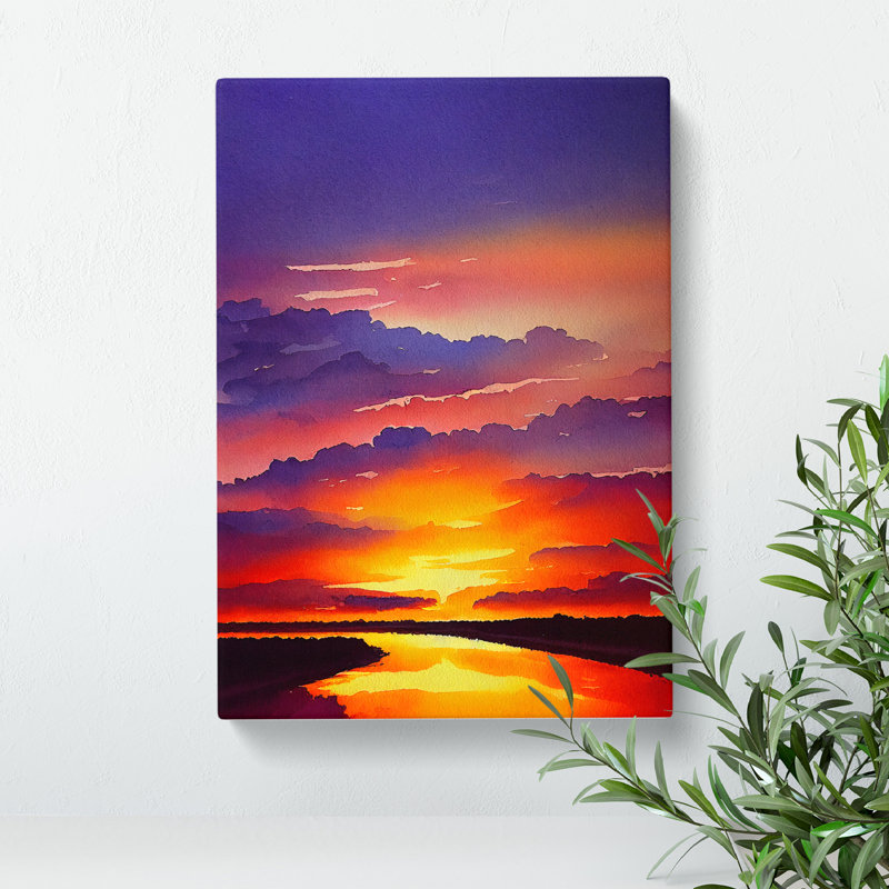Sunset Lake Watercolour No.3 - Wrapped Canvas, 50cm H x 35cm W x 3cm D