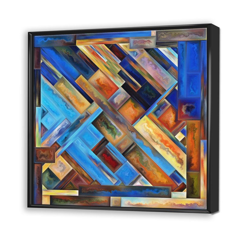 Formes géométriques en orange et bleu - reproduction sur toile flottante, H 30 po x l 30 po x P 1 po, Toile avec cadre noir