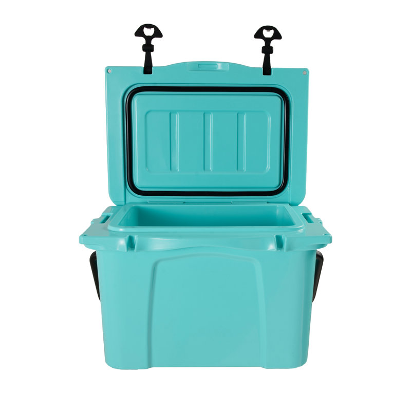 Glacière rigide isolée de 25 pintes (23 L) pour la plage et les voyages : conservation du froid jusqu’à 5 jours, matériau résistant aux chocs, poignée ergonomique, décapsuleur intégré, porte-gobelet avec gabarit, design en plastique turquoise.