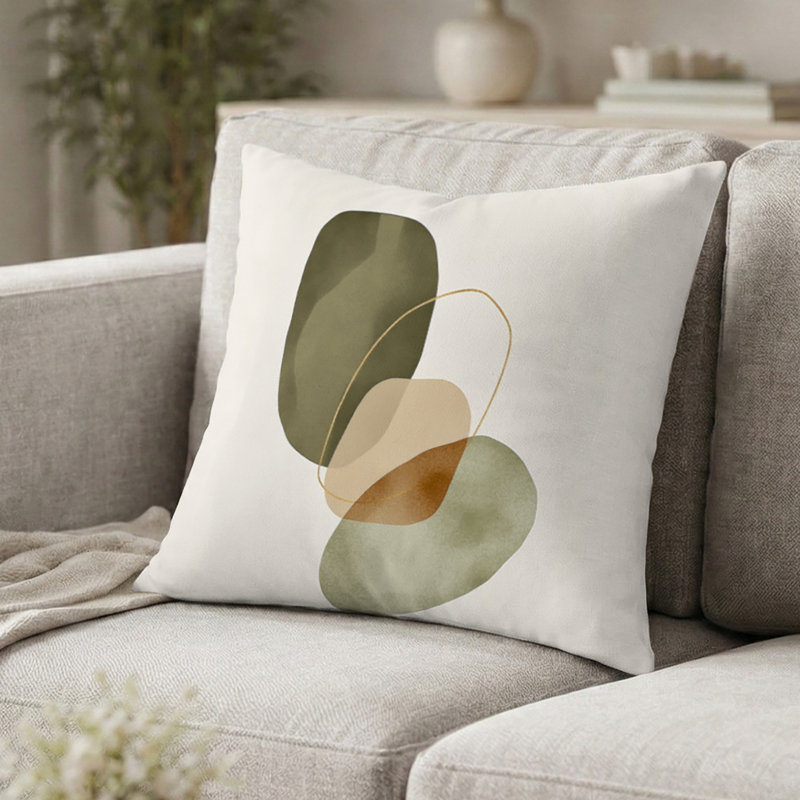 Coussin décoratif abstrait à formes abstraites dans les tons de vert et de brun - Coussin décoratif moderne imprimé Mid-Century