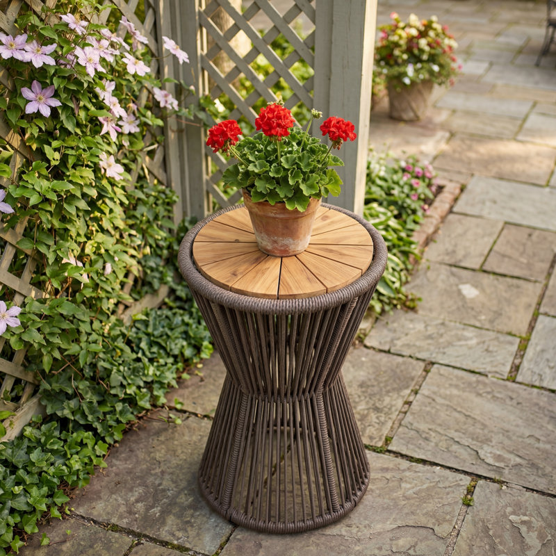Nara Outdoor Side Table Acacia Wood & Woven Rope, 25.80"Hx16.14"D X 16.14"W, Teak Top/Dark Gray Frame