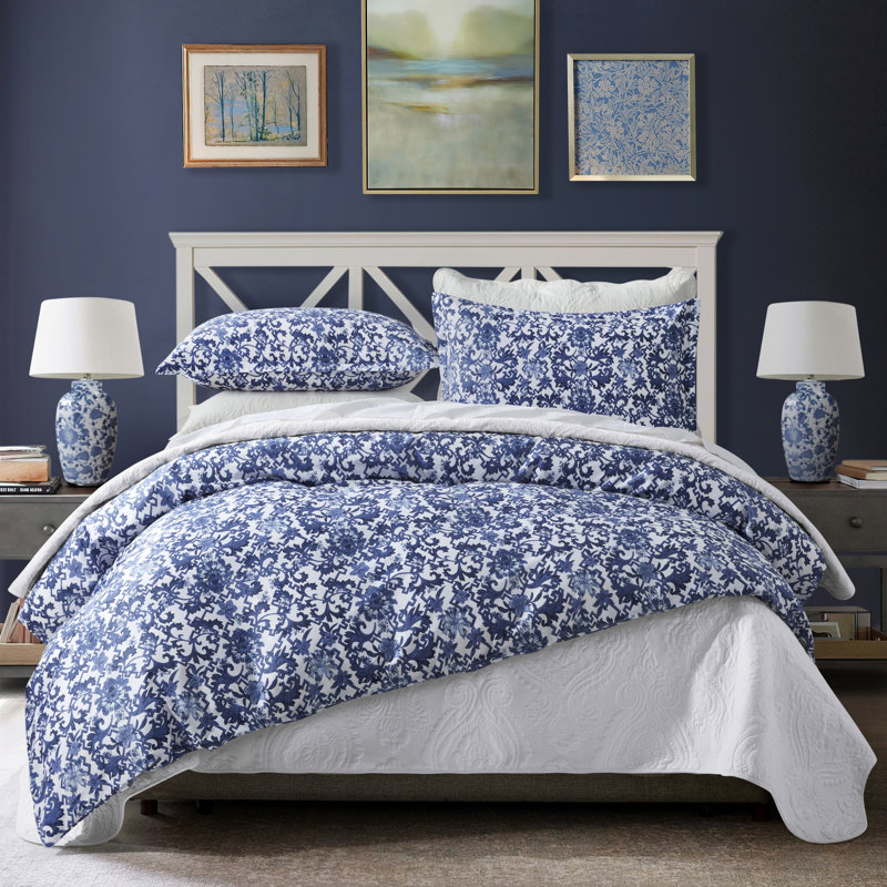 Egyptian-Quality Cotton Sateen Floral Duvet Cover, King Duvet Cover + 2 King Shams
