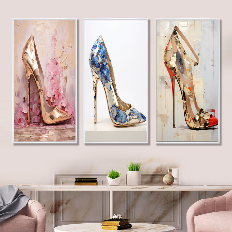 Fashion Chic High Heel Fashion High Heels Canvas Art Print Set Of White  Floater Framed 40