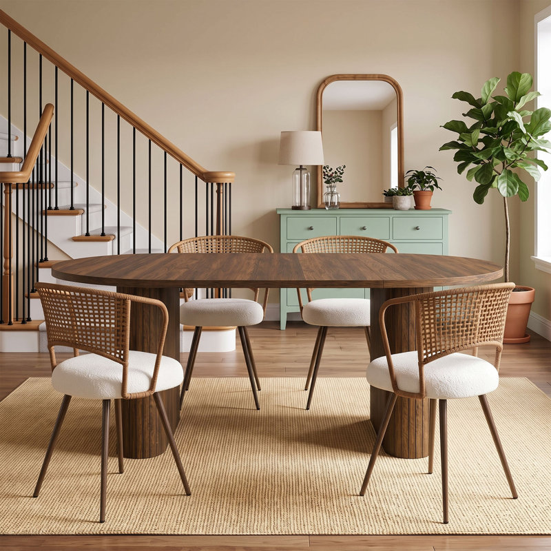 Ensemble de 4 chaises de salle à manger en rotin rembourrées avec dossier tressé et pieds en caoutchouc ajustables, 4, Walnut