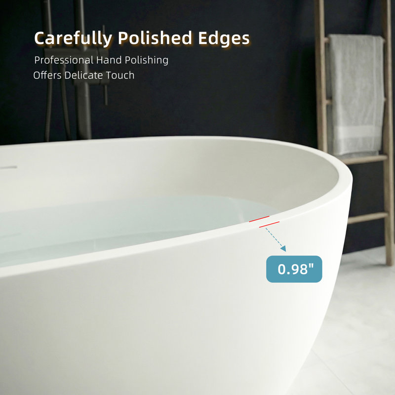 55" Resin Stone Freestanding Bathtub, Elegant Oval Freestanding Bathtub, Solid Surface Bathtub, Matte White, Cupc Certified, Pop-up Drain Pipe, And Minimalist Linear Design Overflow
