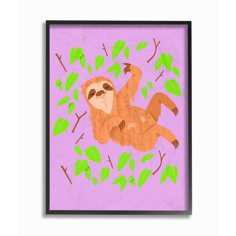 Art paresseux Bodkins paresseux en feuilles vertes sur fond rose, H 11 po x l 14 po x P 1,5 po, Giclée encadrée noir minuit
