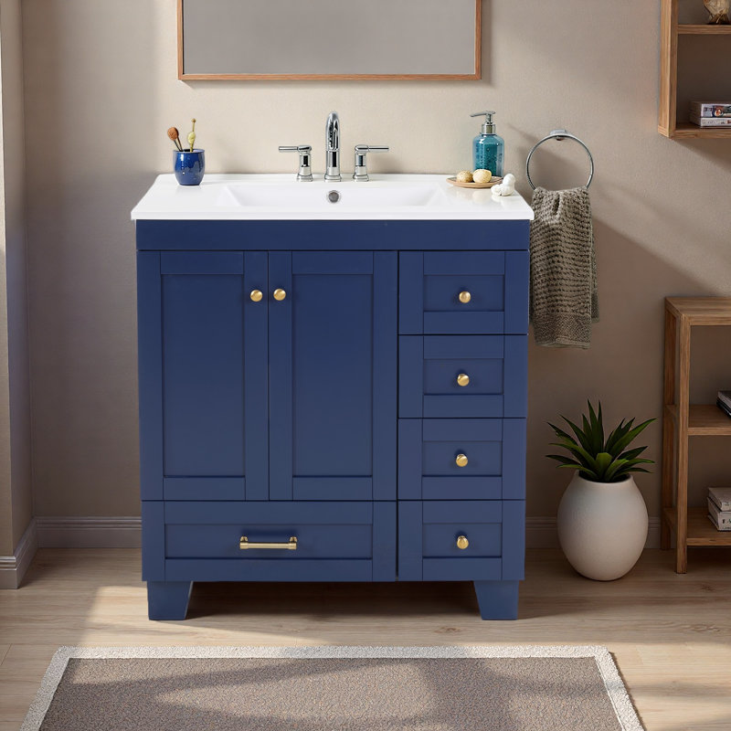 Meuble-lavabo 30 po avec lavabo en céramique - Tiroirs à fermeture en douceur, structure en bois massif, rangement multi-organisateur