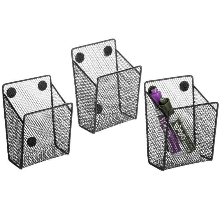 MyGift Magnetic Organizer Basket - Silver Wire Mesh Locker Storage Bin with Magnet, Rectangular Office Supplies Holder, Pencil, Pen, Marker Holder