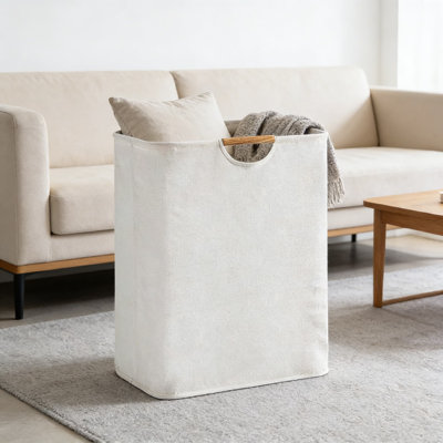 Foldable Laundry Hamper With Wooden Handles - Large Capacity Cotton Linen Storage Basket For Clothes, Toys, And Bathroom Organization