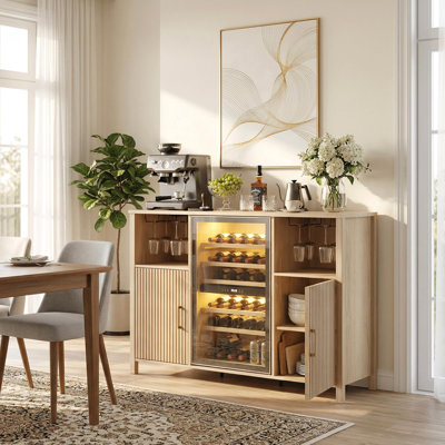 53" Fluted Coffee Bar Cabinet with Power Outlet, Mini Fridge Space & Glass Holder