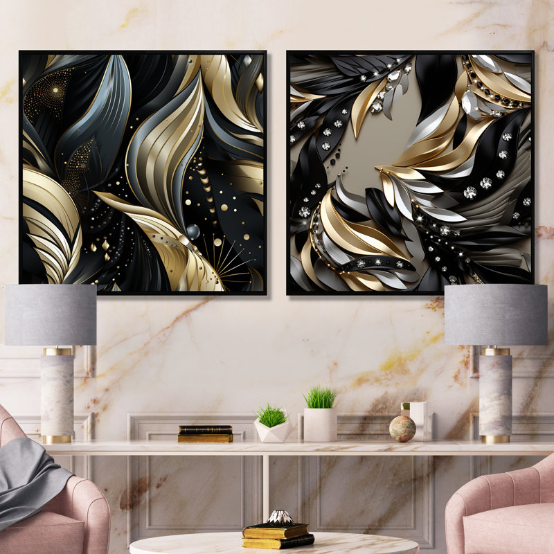 Noir profond et élégance dorée - ensemble de 2 impressions sur toile abstraites, Cadre noir, H 30 po x l 61 po x P 1 po