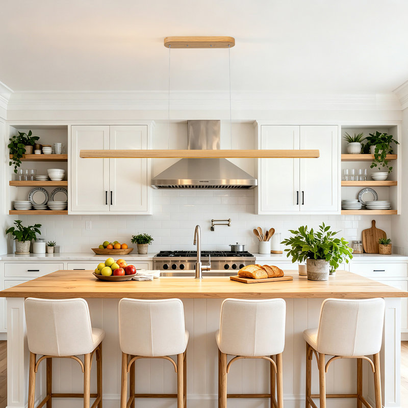 Suspension moderne en bois à intensité variable de 59 pouces pour îlot de cuisine, avec lustre DEL intégré et 3 températures de couleur.