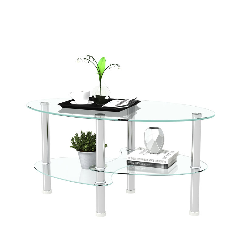 Oval Coffee Table with Glass Table Topand Shelf