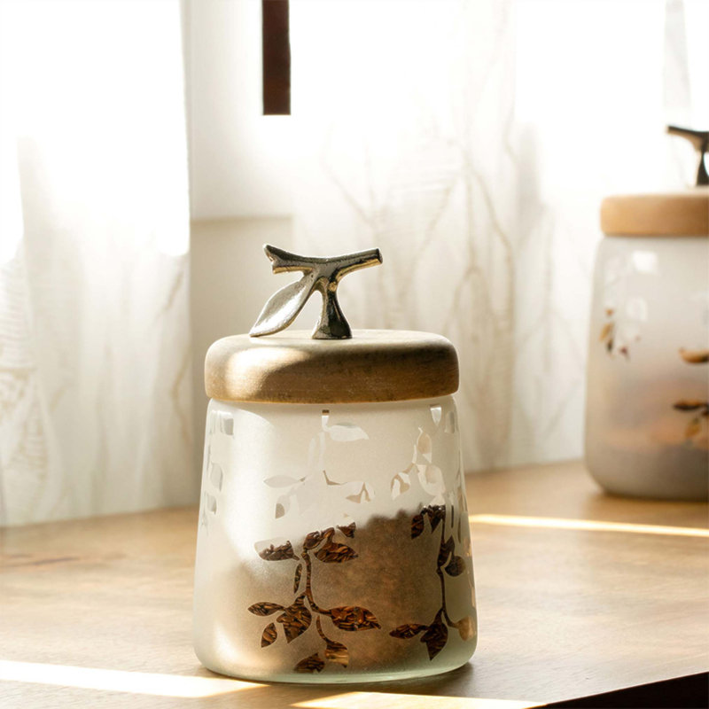 Pot en verre givré avec couvercle en bois Twigy